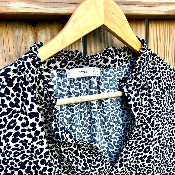 MNG Mango Blouse Shirt Leopard Print Long Sleeve Ruffled Neck Sz. 10 - Picture 4 of 8